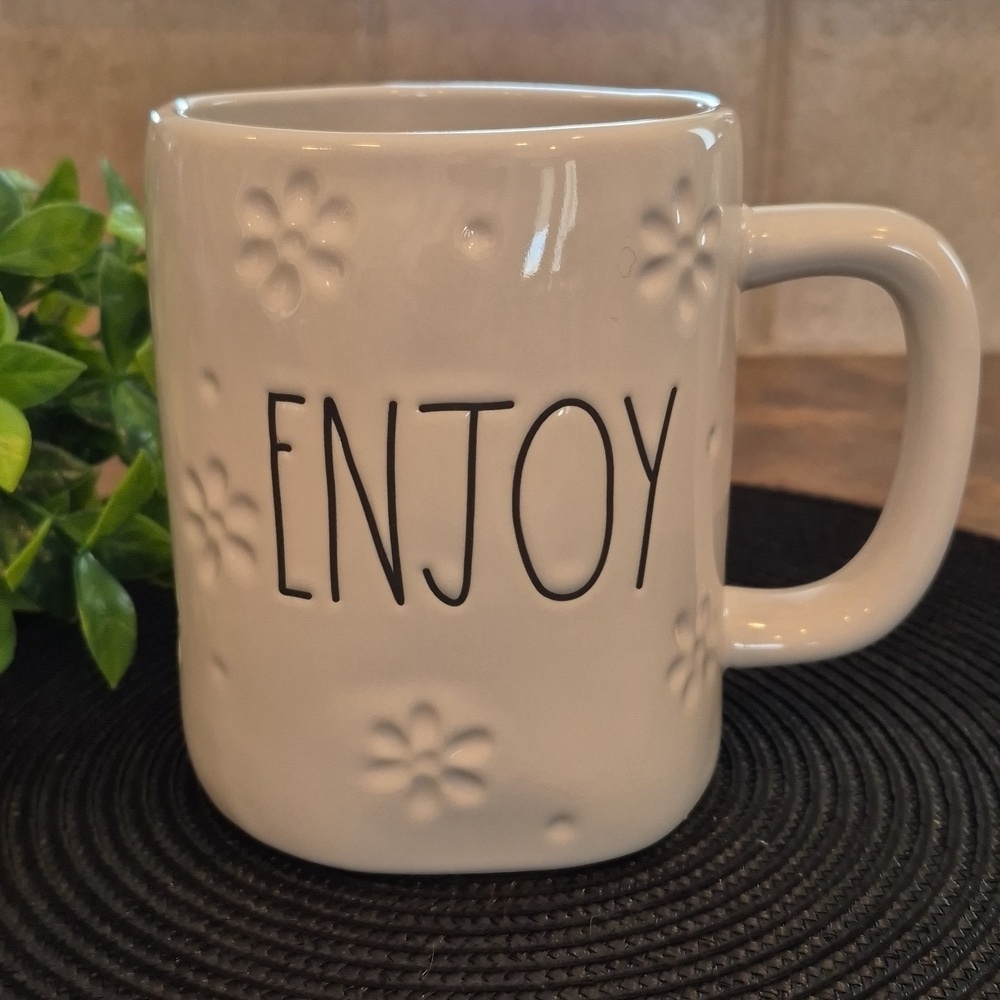 RAE DUNN 'ENJOY' Artisan Collection White Ceramic Mug Black Lettering